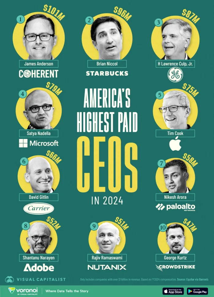 Topul celor mai bine plătiți CEO din America în 2024. Foto: Visual Capitalist