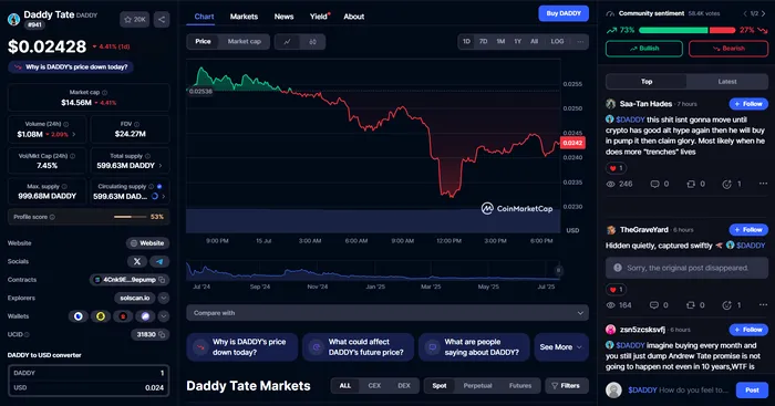 Dezastru pe piața cripto pentru Andrew Tate: „DADDY” a pierdut 88% într-un an