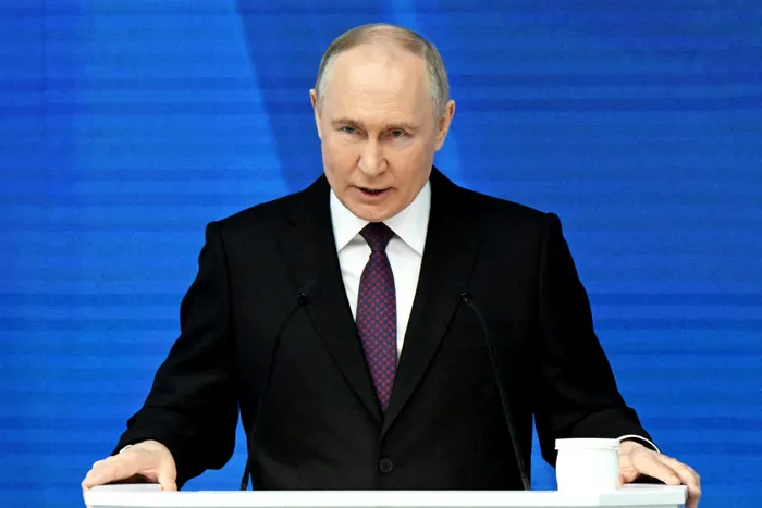 Russian President Vladimir Putin delivers his annual address to the Federal Assembly, in Moscow, Russia, February 29, 2024. Sputnik/Sergey Guneev/Kremlin via REUTERS ATTENTION EDITORS - THIS IMAGE WAS PROVIDED BY A THIRD PARTY.